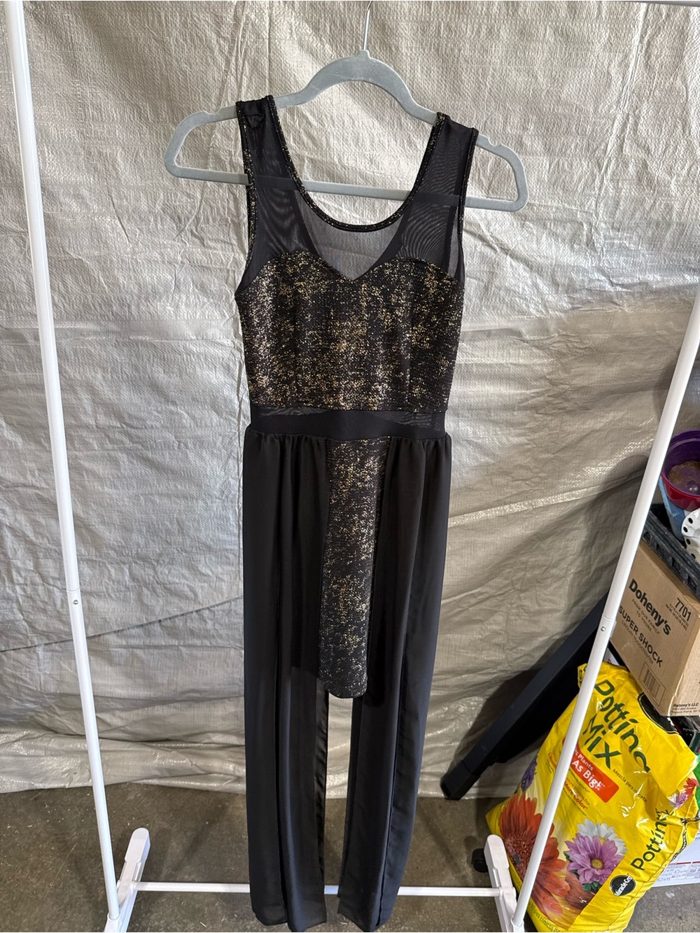 Material Girl Black and Gold Sequin Mesh Jumpsuit